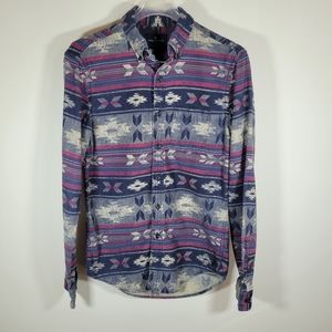 American Eagle Outfitters Dark Aztec Classic Fit Long Sleeve Shirt, Size XS